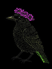 Fototapeta premium Intricate illustration of a black crow adorned with a vibrant floral crown, set against a dark background.