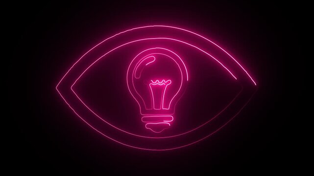 A neon eye with a lightbulb inside glowing pink on a black background creative concept illustration