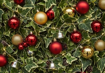 Festive christmas ornaments adorn lush green ivy garland