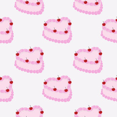 Seamless pattern with vintage heart shaped cake on pink background. Hand drawn vector illustration.