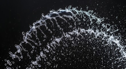 A dynamic arc of water droplets and spray, captured mid-motion against a stark, black background. It appears fluid and graceful