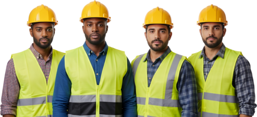 Four men wear yellow hard hats and bright yellow safety vests over checkered shirts standing shoulder to shoulder construction