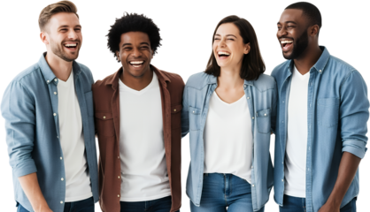 Four diverse friends two men and two women laughing together arms around each other Laughter Group People Happiness Joy Togetherness