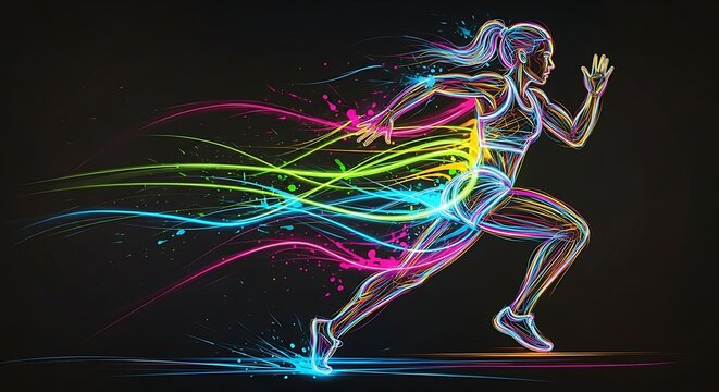 A dynamic digital illustration of a running woman formed by colorful, flowing lines against a dark backdrop. The figure is energetic and athletic
