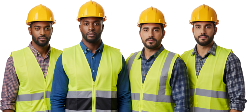 Four men wear yellow hard hats and bright yellow safety vests over checkered shirts standing shoulder to shoulder construction