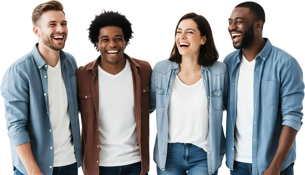 Four diverse friends two men and two women laughing together arms around each other Laughter Group People Happiness Joy Togetherness