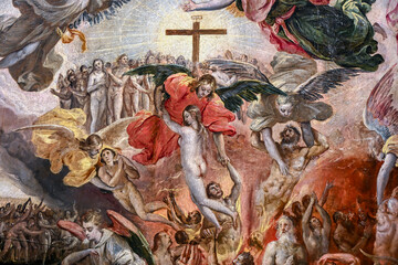 Detail close up from The Last Judgement by Marten de Vos showing angels lifting saved souls to heaven