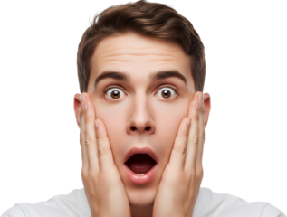 Young man's face with wide eyes and open mouth hands on cheeks expressing shock surprise or astonishment disbelief amazement