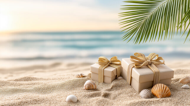 Christmas gifts with seashells on a white sandy beach by the sea among tropical plants. Concept of winter holidays in warm countries with copy space.