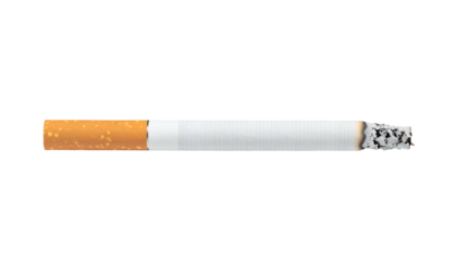 A lit cigarette with a burning tip and visible ash is positioned horizontally, featuring a white paper section and an orange filter, isolated on a light gray background.