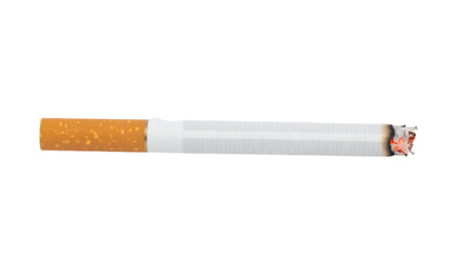 A lit cigarette with a burning tip and visible ash is positioned horizontally, featuring a white paper section and an orange filter, isolated on a light gray background.