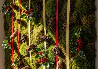 Rustic christmas wall decor with pinecones and greenery