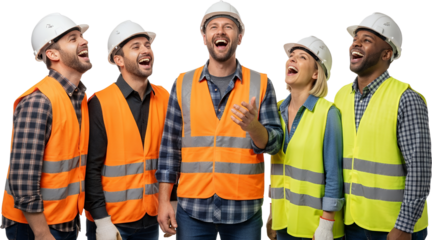 Diverse construction workers in hard hats and safety vests laughing and gesturing enthusiastically isolated on black Teamwork