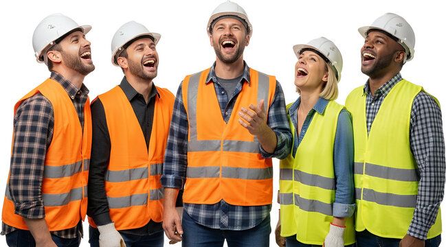 Diverse construction workers in hard hats and safety vests laughing and gesturing enthusiastically isolated on black Teamwork