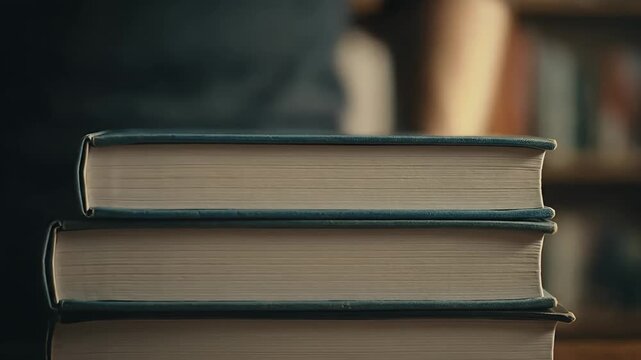 Close up of person placing a stack of blue hardcover books on a dark table