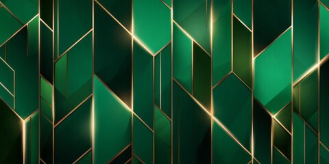 Geometric abstract background featuring deep emerald green shapes accented by shining gold lines