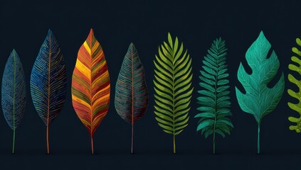 A vibrant collection of stylized tropical leaves in various shades of green, orange, red, and blue, arranged against a dark background.