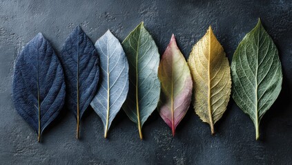 A display of leaves, transitioning from deep blues to vibrant golds and greens, set against a textured dark gray background, showcasing a spectrum of autumnal colors.