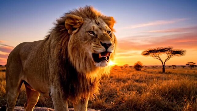 Majestic male lion roaring in African sunset savannah landscape with acacia trees