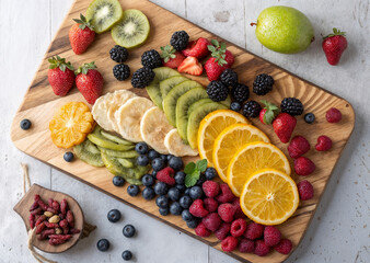 fruits, oranges, kiwis and berries are cut on the board