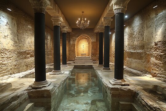 Ancient roman bath with pool water
