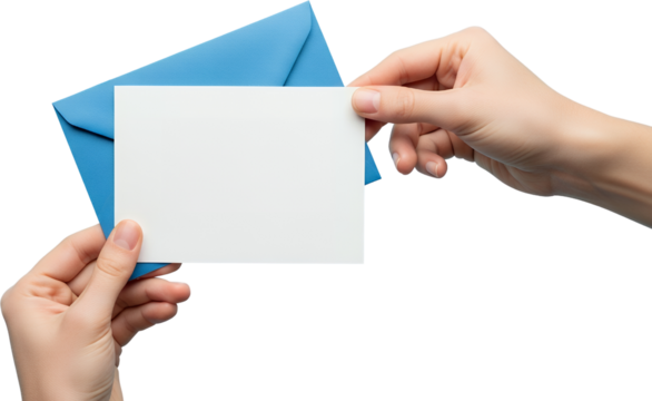 Hands hold a blank white card and a blue envelope presenting a space for message or invitation Holding Empty Communication