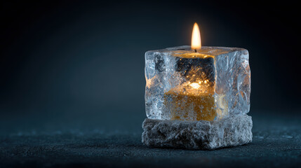Serene burning candle inside cold ice block on dark background. This concept of opposition with fire and ice creates feeling of peaceful hope and contemplation