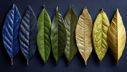 A row of leaves displaying a spectrum of autumnal colors against a deep navy background.