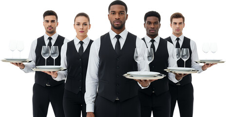 Five diverse hospitality staff members wearing black vests and white shirts stand holding trays with wine glasses and plates