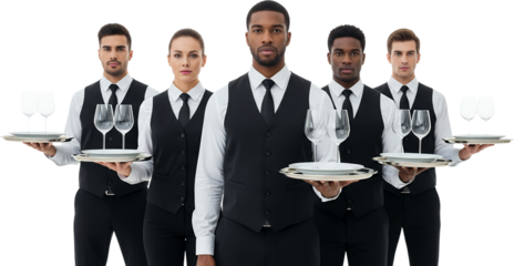 Five diverse hospitality staff members wearing black vests and white shirts stand holding trays with wine glasses and plates