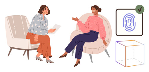 Two professionals discussing ideas in chairs, modern fingerprint scan with a checkmark, minimalist 3D cube. Ideal for business, identity, security, innovation, teamwork privacy simplicity. A simple