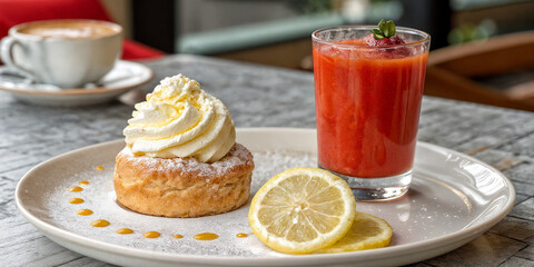 tomato juice and cake, lemon, yummy,