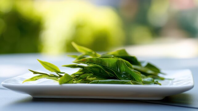 shallow. Fresh green tea leaves on a white plate with natural daylight and soft focus. menu design, packaging mockups, designed for culinary blogs and recipe cards for restaurants.