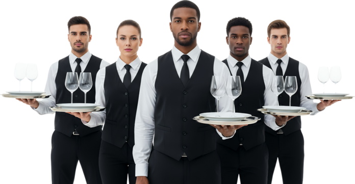 Five diverse hospitality staff members wearing black vests and white shirts stand holding trays with wine glasses and plates