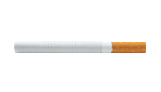 An unlit cigarette with a white paper body and an orange filter tip, positioned horizontally and isolated on a clean, light gray background.