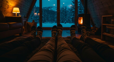 Cozy Evening In A Cabin With Friends Looking Out At Snowy Landscape