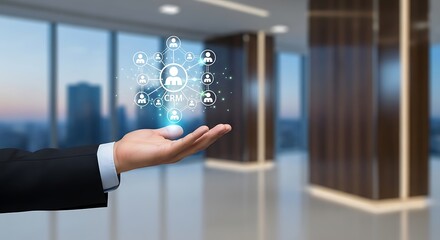 Empowering business growth through innovative CRM solutions visualized with a modern network of connected people in a sleek office setting