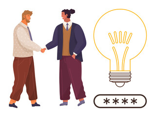 Two colleagues shaking hands symbolizing collaboration, a glowing light bulb for innovation, and a secure password bar. Ideal for teamwork, partnership, innovation, technology, creativity, security