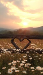 A wooden fence with a heart-shaped cutout, framed by a field of daisies, bathed in the warm glow of a sunset.