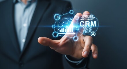Professional businessman interacting with holographic CRM interface for enhanced customer relationships and business growth insights