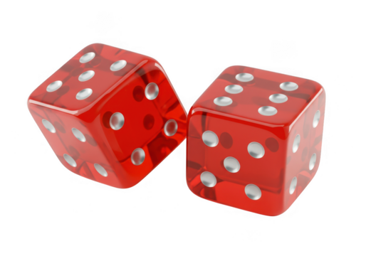 Two translucent red dice showing different numbers isolated on transparent background