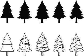 Pine tree silhouette and outline vector illustration, evergreen forest artwork, decorative woodland design, seasonal nature graphic, cad drawing flat vector illustration