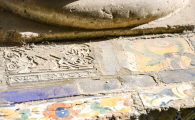 Close-up of colourful ceramic tiles with floral motifs in Seville
