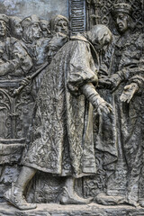 Fototapeta premium Close up detail of the Bas-relief sculpture of Columbus presenting to the Catholic Monarchs after discovering the New World, by Antonio Susillo 1893