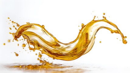 Dynamic splash of golden liquid like oil or whiskey, isolated on a white background
