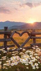 Rustic wooden fence with heart-shaped opening, framed by a field of daisies, under a warm sunset.