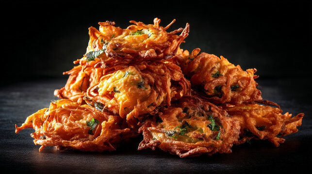 A close up shot of a stack of onion bhaji fritters on a dark surface against a dark background