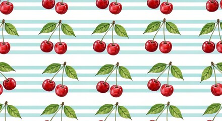 A repeating pattern of red cherries with green leaves on a blue and white striped background design