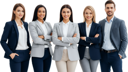 Five diverse business professionals three women and two men stand confidently in suits arms crossed smiling business people