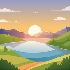 Fototapeta premium Peaceful Pixel Art Landscape with Orange Sky Mountain Silhouette Reflection and Green Hills Under Golden Sunlight Cartoon Style Nature Scene